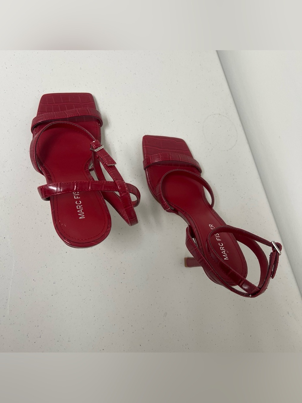 Marc Fisher Red Faux-Croc Strappy Square-Toe Heels